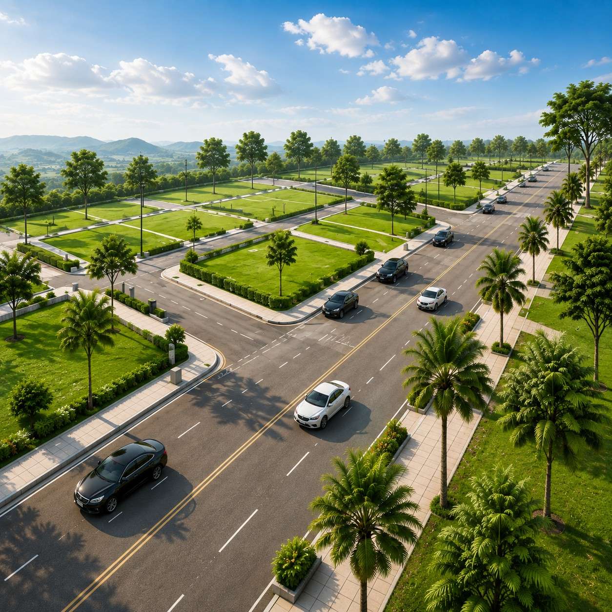Planned residential layout with wide roads and open green spaces